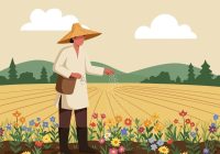 person-sowing-seeds-in-flower-field-on-a-sunny-day-vector person-sowing-seeds-in-flower-field-on-a-sunny-day-vector